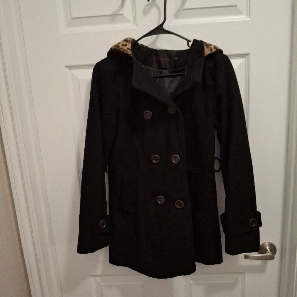 Ruby Rox Small Black Chocolate Brown Double-Breasted Leopard Hooded Peacoat‎